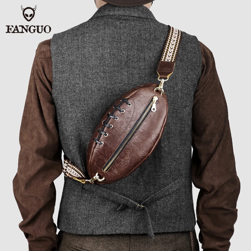 Handmade Men\'s Chest Bag Genuine Leather Crossbody Shoulder Bag Unique Rugby Style Male Messenger Bags For Travel