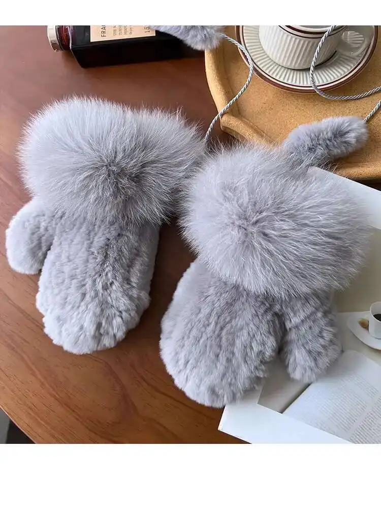 Real Rex Rabbit Fur Gloves For Women Winter Plush Thickened Warm Real Fur Gloves Handmade Knitted Fur Gloves Keep Warm Mittens