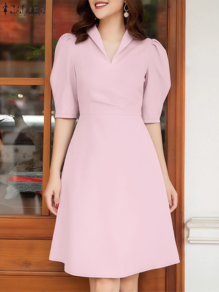 2025 vestido veraniego de verano para mujer ZANZEA elegante cuello en V manga corta trabajo OL vestido elegante sólido vacaciones hasta la rodilla Vestidos Sarafans
