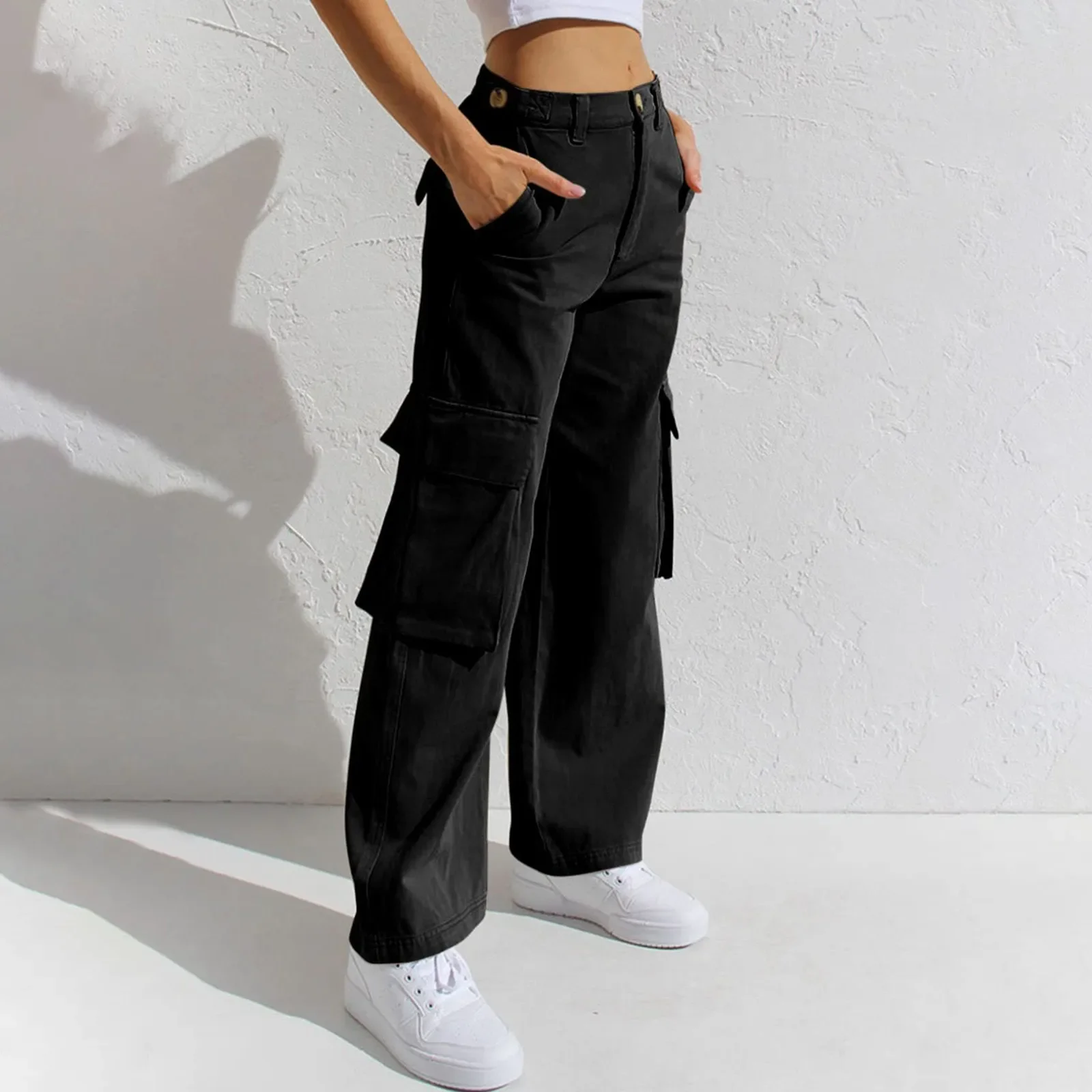 Women's Plain High Waist Cargo Pants, Street Fashion Casual Pocket Button Trousers for Daily Wear, Ladies Bottoms for All Season