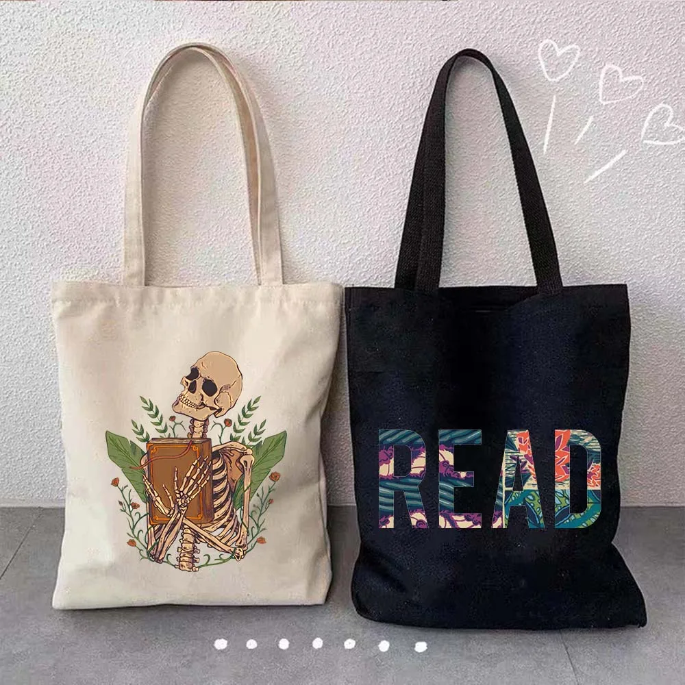 Floral Books Printed Shoulder Bag Literature Book Flower Tote Bag Illustration Girls Cup Book Bag Travel Harajuku Canvas Handbag