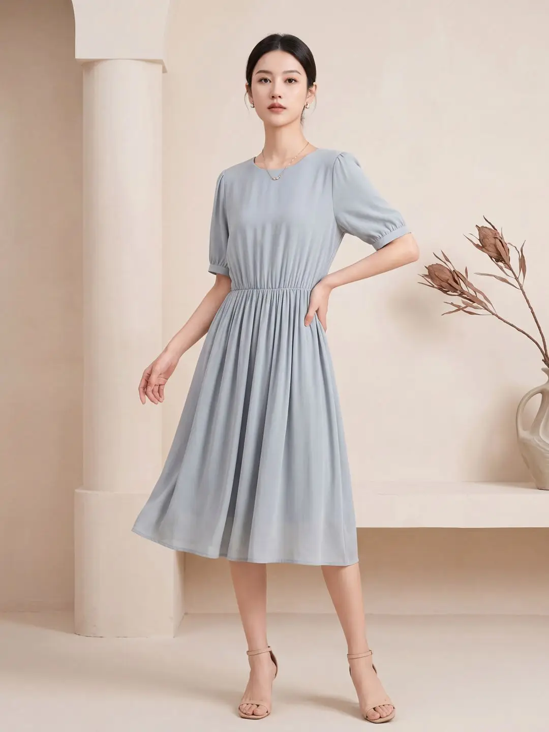 

100% Mulberry Silk Pleated A-Line Midi Dress for Women Simple Elegant Formal Dress 2026 Clothing Wedding Work Evening Dress