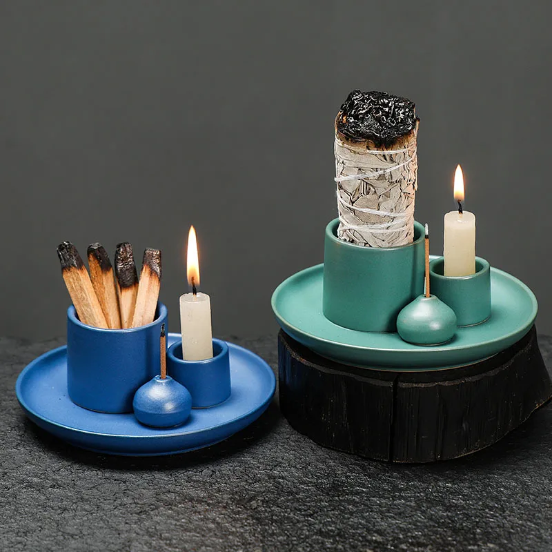 Morandi Color Glaze Blue Candle Holder Sage Smudge Tray Nordic Home Decor