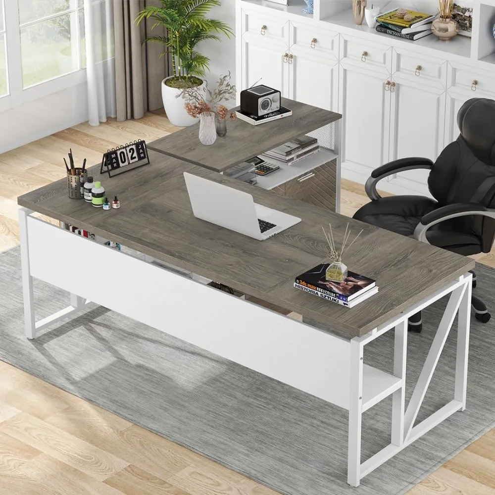 

L Shaped Desk with Drawer Cabinet, 63" Executive Computer Desk and lateral File Cabinet, 2 Piece Home Office Furniture