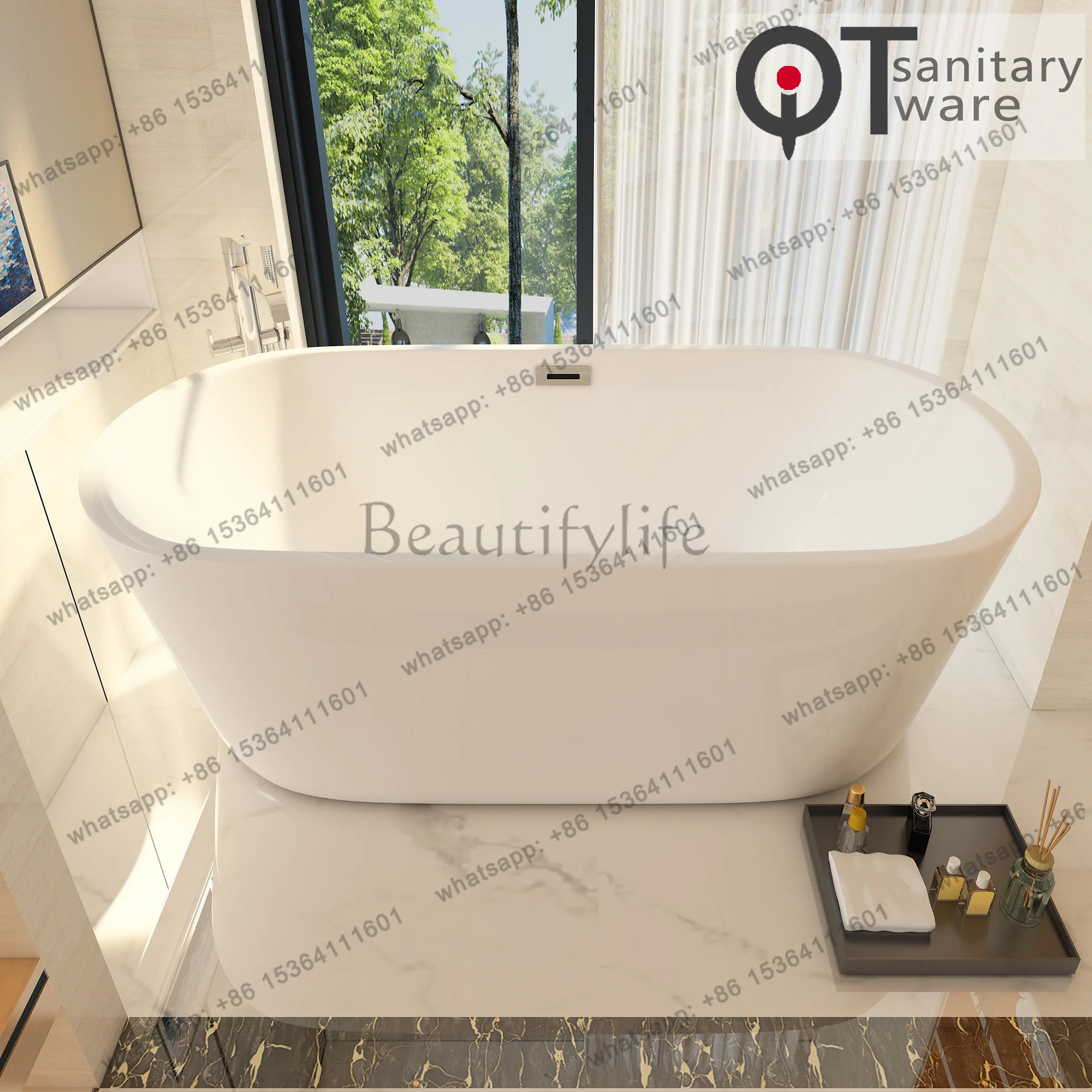 1.2~ 1.7 meters directly from the manufacturer Household oval acrylic bathtub Hotel engineering bathtub QT-002