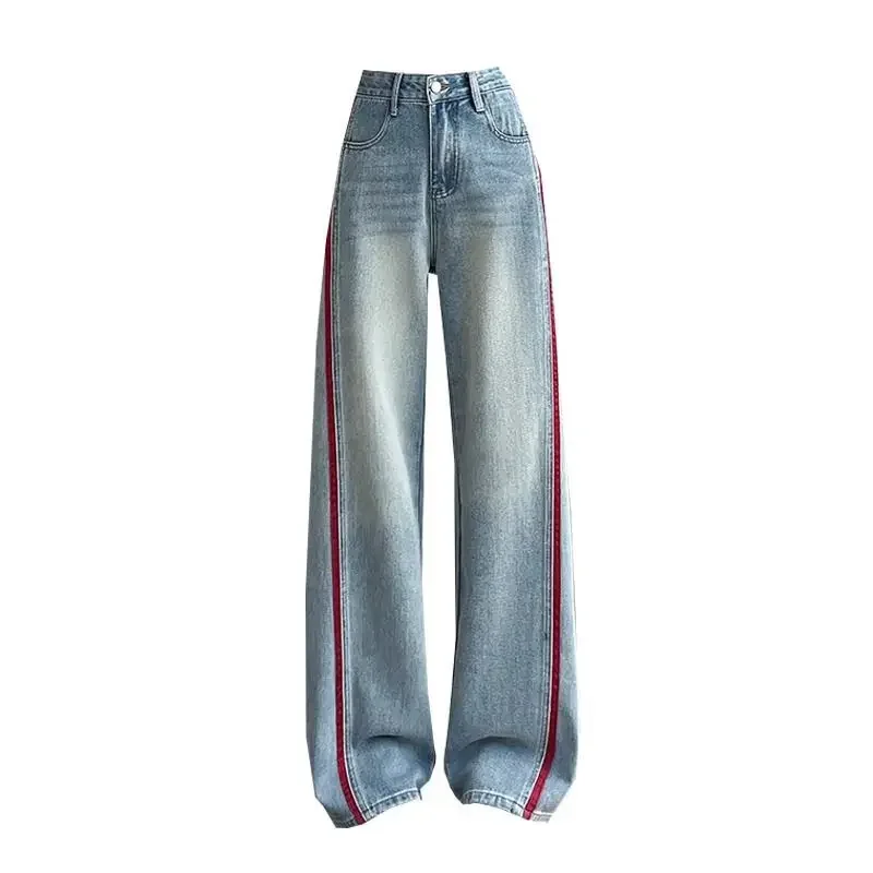 Women's Spring Pear-shaped Fashion Embroidery Mopping Pants Splicing and Contrasting Straight Leg Jeans High Appearance Level