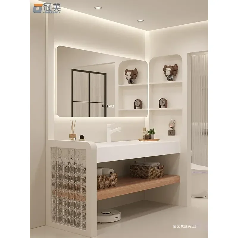 Japanese Style Log Rock Slab Seamless Ceramic Integrated Basin Bathroom Cabinet Combination Smart Face Washstand