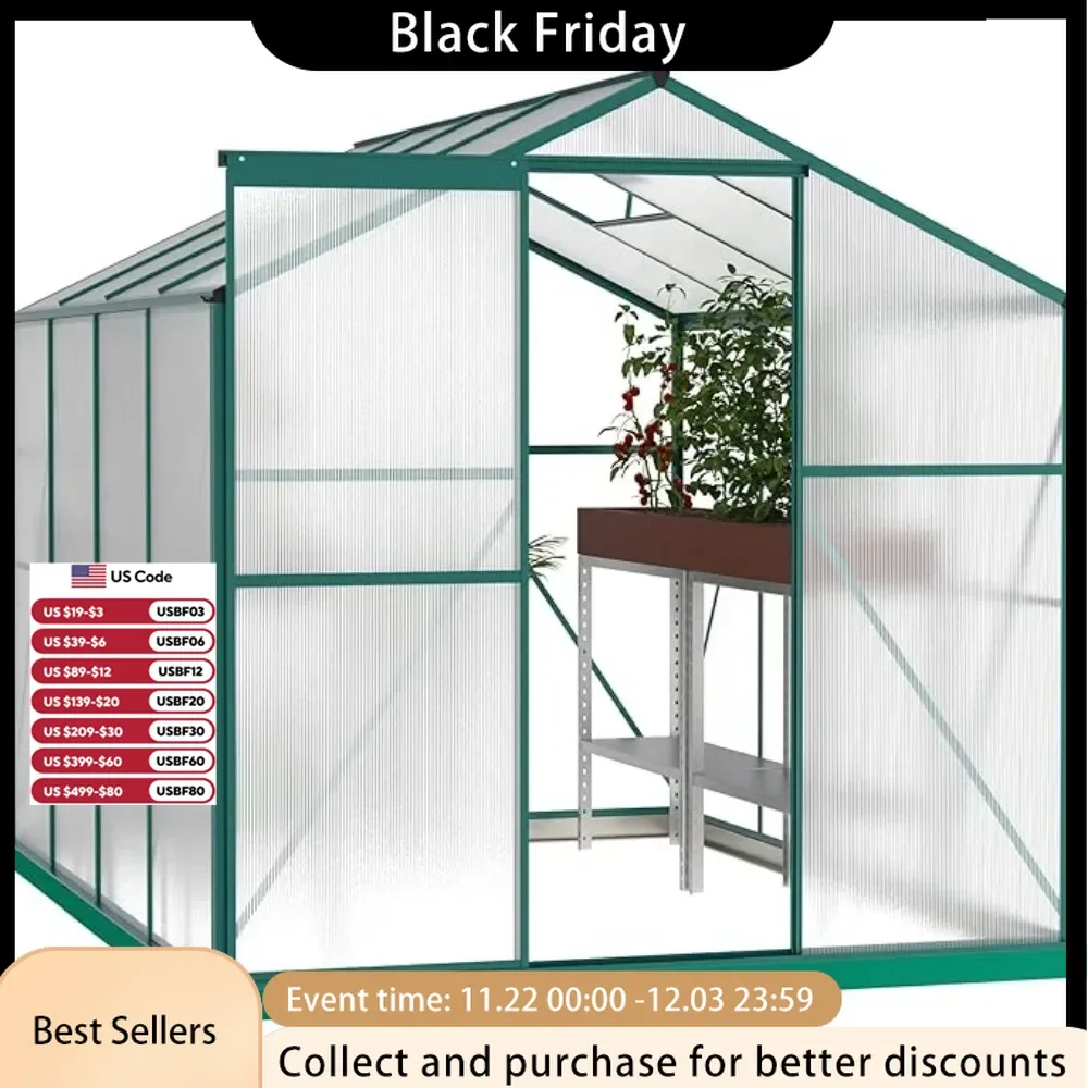 8x6 foot outdoor heavy-duty greenhouse, UV protection, adjustable roof vents, thermostatic waterproofing and insect repellent