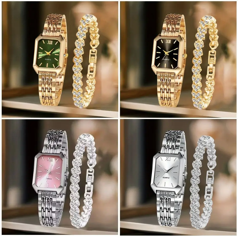 Hot Stainless Steel Wristwatch Bracelet Set Rhinestone Folding buckle Quartz Watches Square Quartz Strap Watch Student
