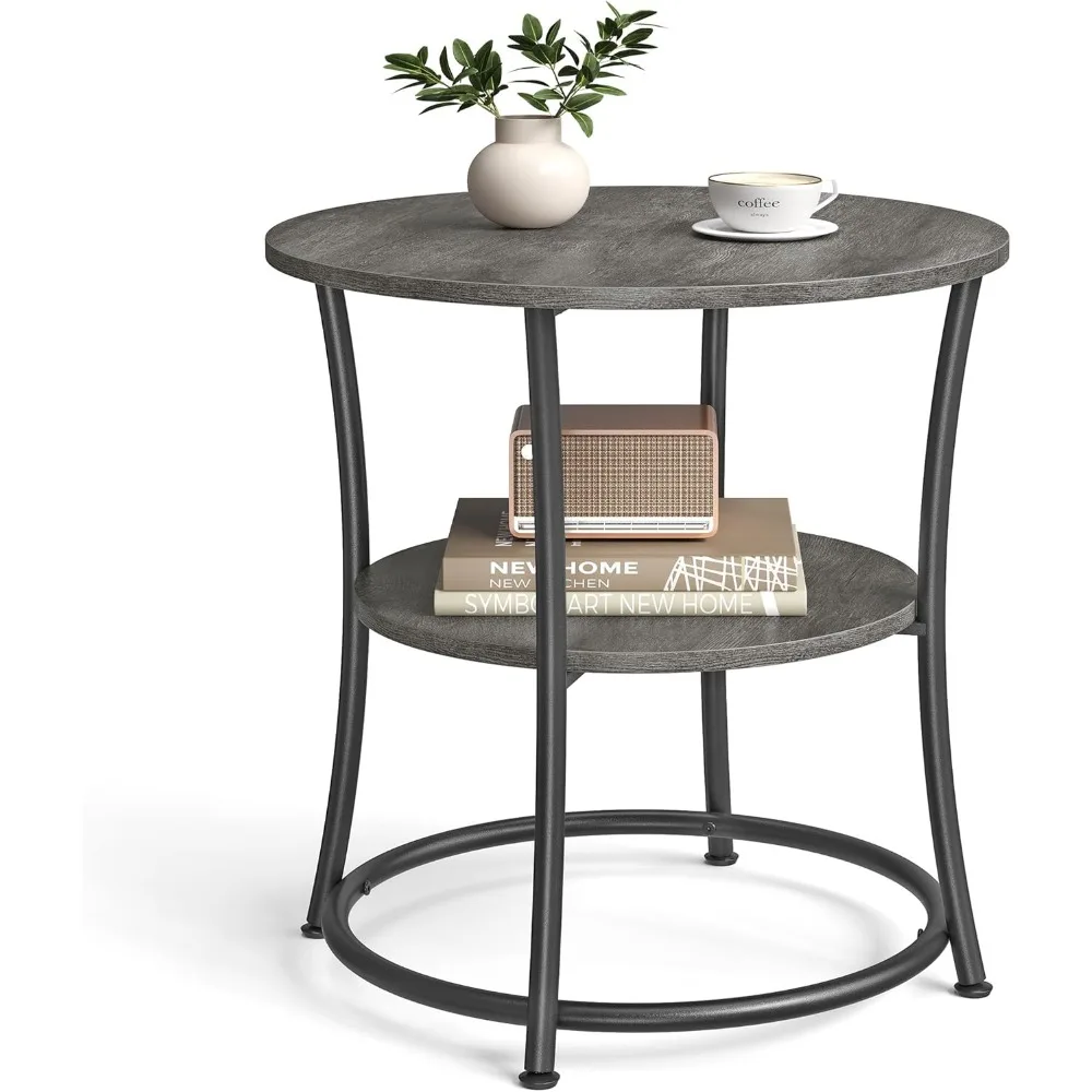 

2-Tier Round End Table with Steel Frame for Living Room, Bedroom in Misty Gray and Ink Black