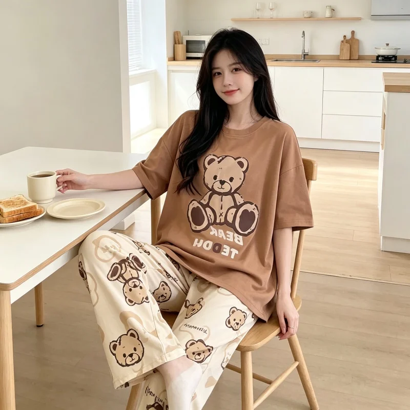 Women Bear Graphic Pajama Set, Oversized Short Sleeve Tee &  Print Long Pants, Breathable Casual Home Nightwear Suit