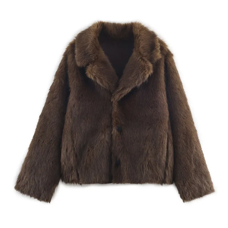 

KIDCRKJ Reversible Women Spring Artificial Fur Jacket Retro Brown Thickened Warm Lady Eco Fur Coat Lsapel Collar Female Fur Coat