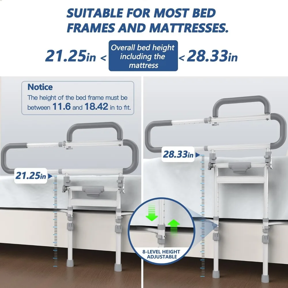 حاجز سرير قابل للتعديل وقابل للطي لسلامة المسنين - يناسب جميع أحجام السرير مع جيب تخزين