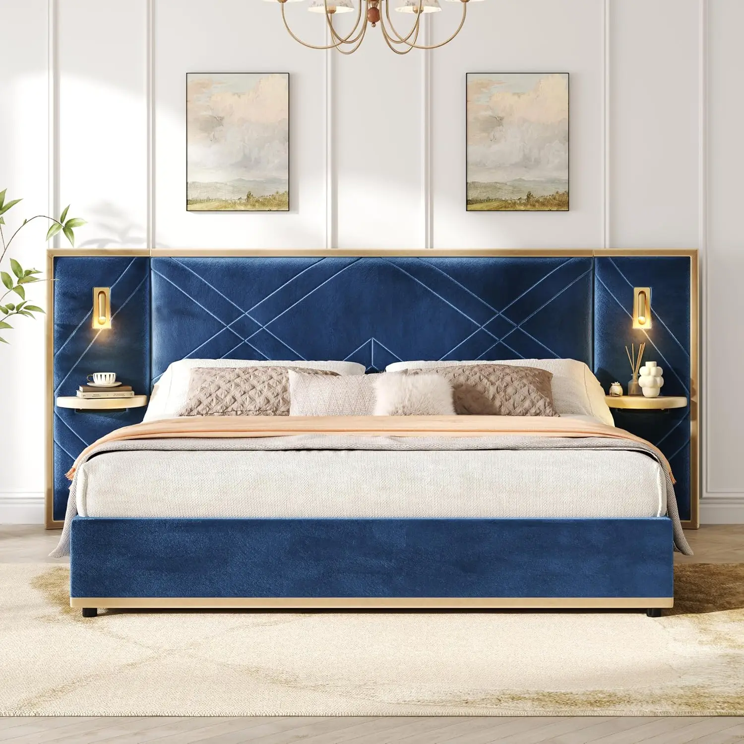 Velvet Platform Bed Wingback Headboard LED Lights Storage Panels Gold Trim Solid Structure No Box Spring , Customized