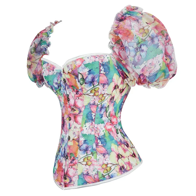 Bubble Short Sleeve Flower Printed Corset Shapewear Women Floral Overbust Bustier Top