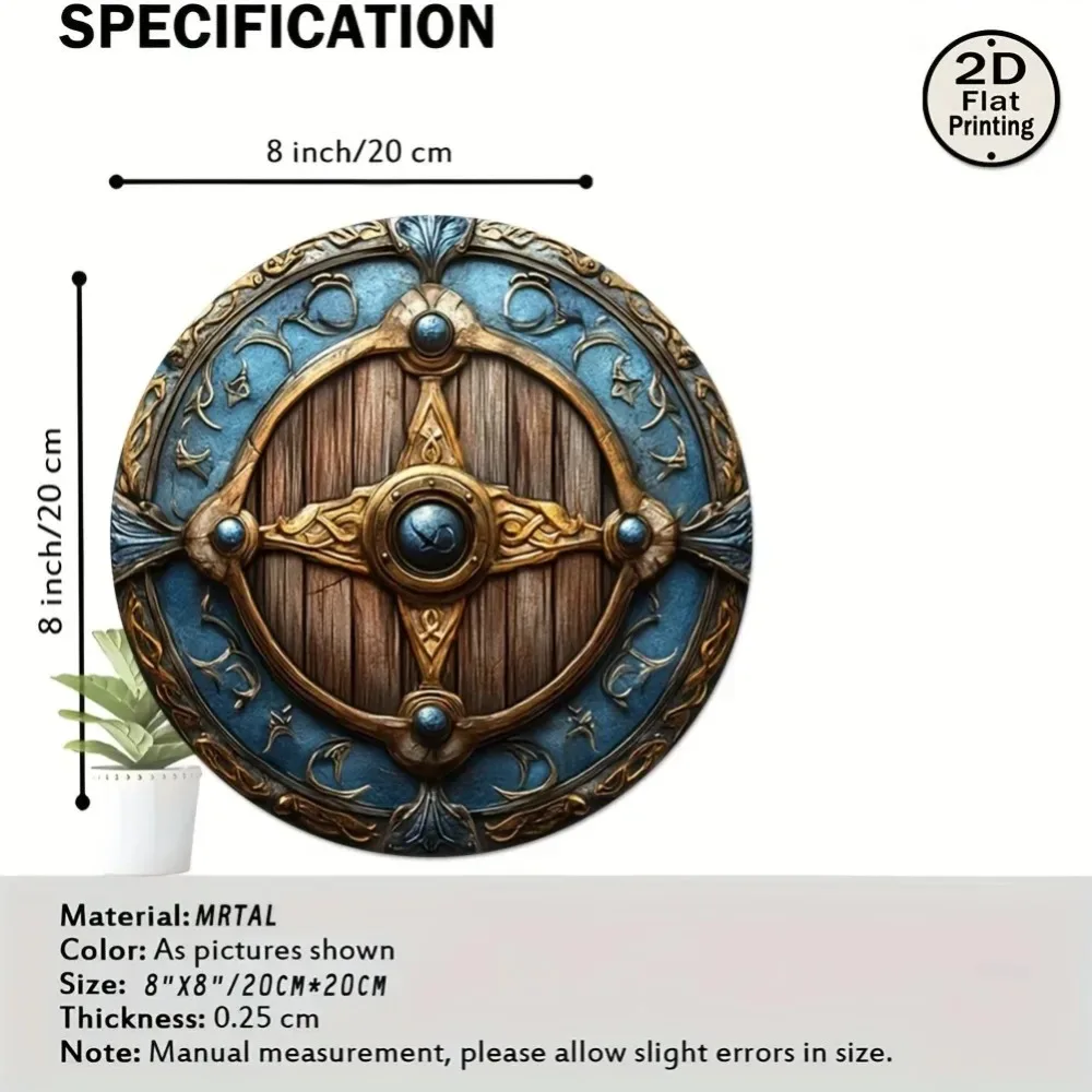 Viking Brown-Yellow Round Shield with Blue Rim - Vintage Wall Art Decor for Home Café Club Interior Decoration