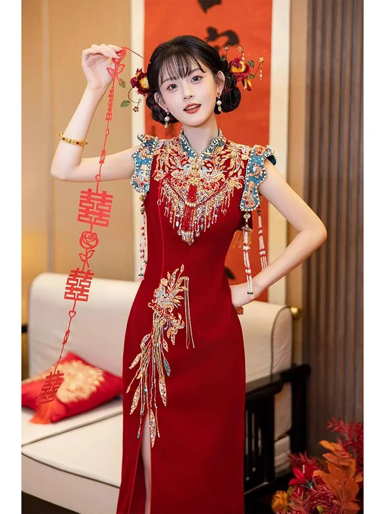

Exquisite New Chinese Style Engagement Wedding Dress Beautiful Qipao Suit for Brides Low Slit Mid-Length Summer
