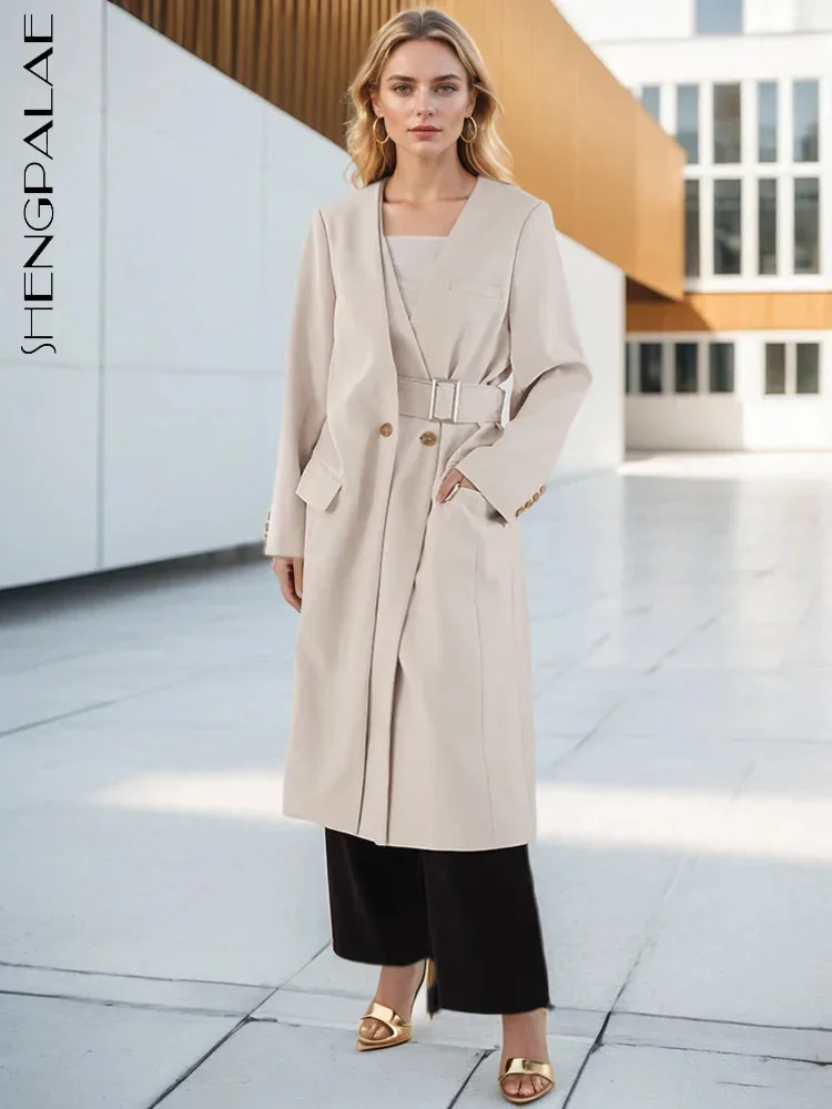 

SHENGPALAE Fashion Women's Trench Coat With Belt V-neck Asymmetric Mid-calf Loose Designer Windbreaker Autumn 2024 New CPDB236