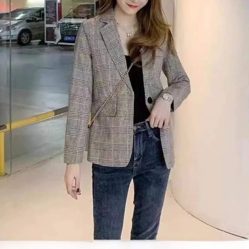 

Women's Small Suit Jacket Spring Autumn Thin Elegant Plaid Short Student Fashion Upper Wear