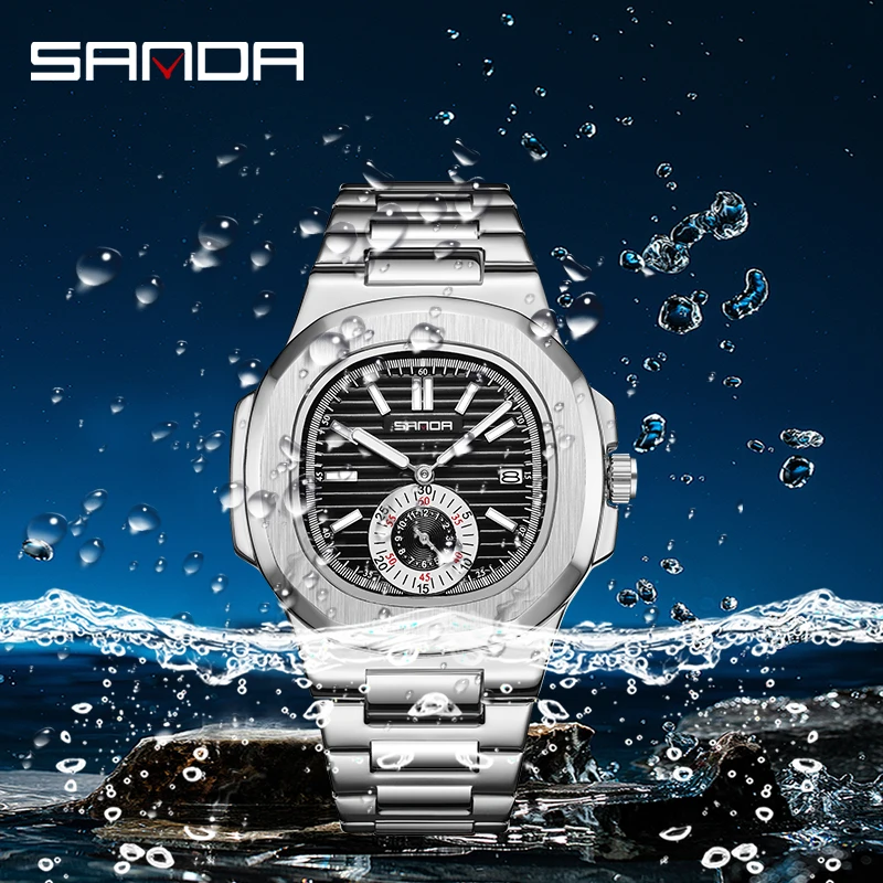 Sanda 7020 Unique Design Dial Stainless Steel Strap Japan Quartz Movement Waterproof Business Men Elegant Calendar Wrist Watch