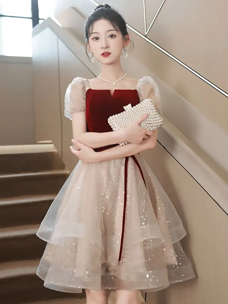 Vestidos de Noche cortos personalizados a la moda, vestido de fiesta Vintage con cuello cuadrado y manga abombada, vestidos clásicos de graduación de tul