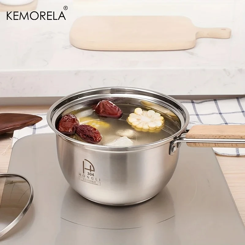 304 Stainless Steel Small Milk Pot With Wooden Anti-Scalding Handle  Soup Pot Suitable For Hot Milk A Must-Have For The Kitchen