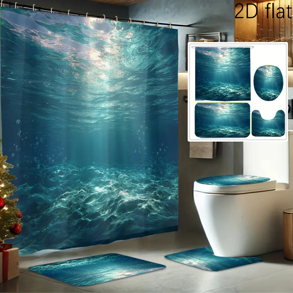 

4 шт., набор занавесок для душа с плоским принтом Deep Sea Sunshine Festival, комплект для декора ванной комнаты включает вкладыш для душа, нескользящий коврик