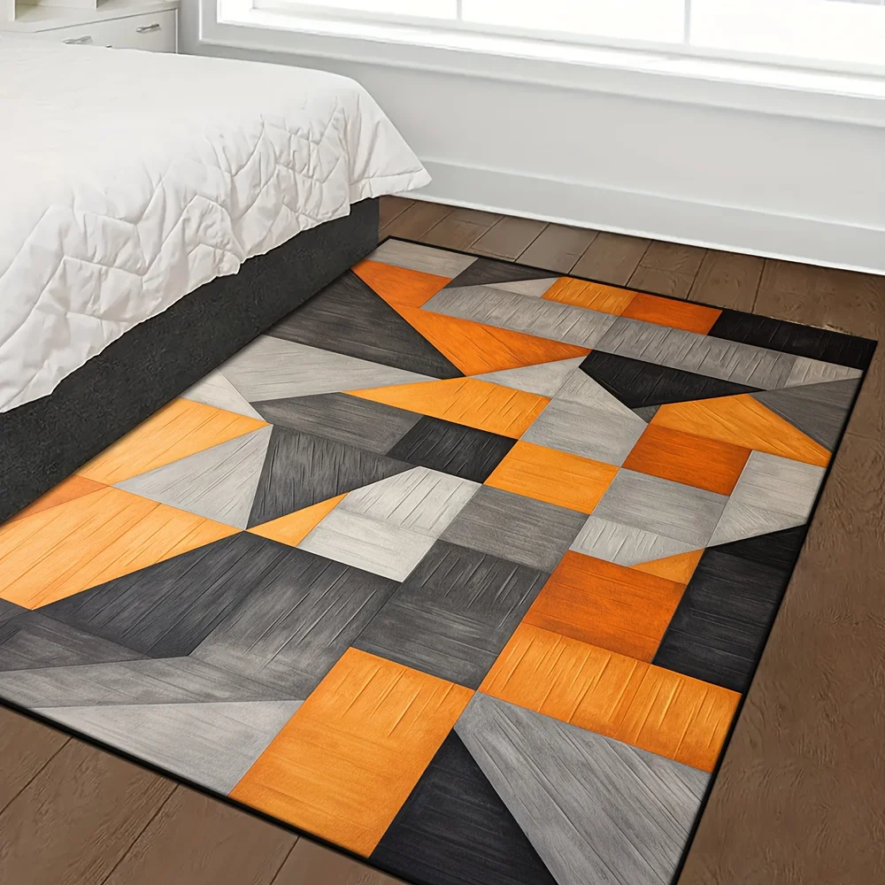 Large Area Rug Modern Geometric Patchwork Orange Grey Pattern Anti Skid Bedroom Living Room Sofa Floor Decoration Carpet
