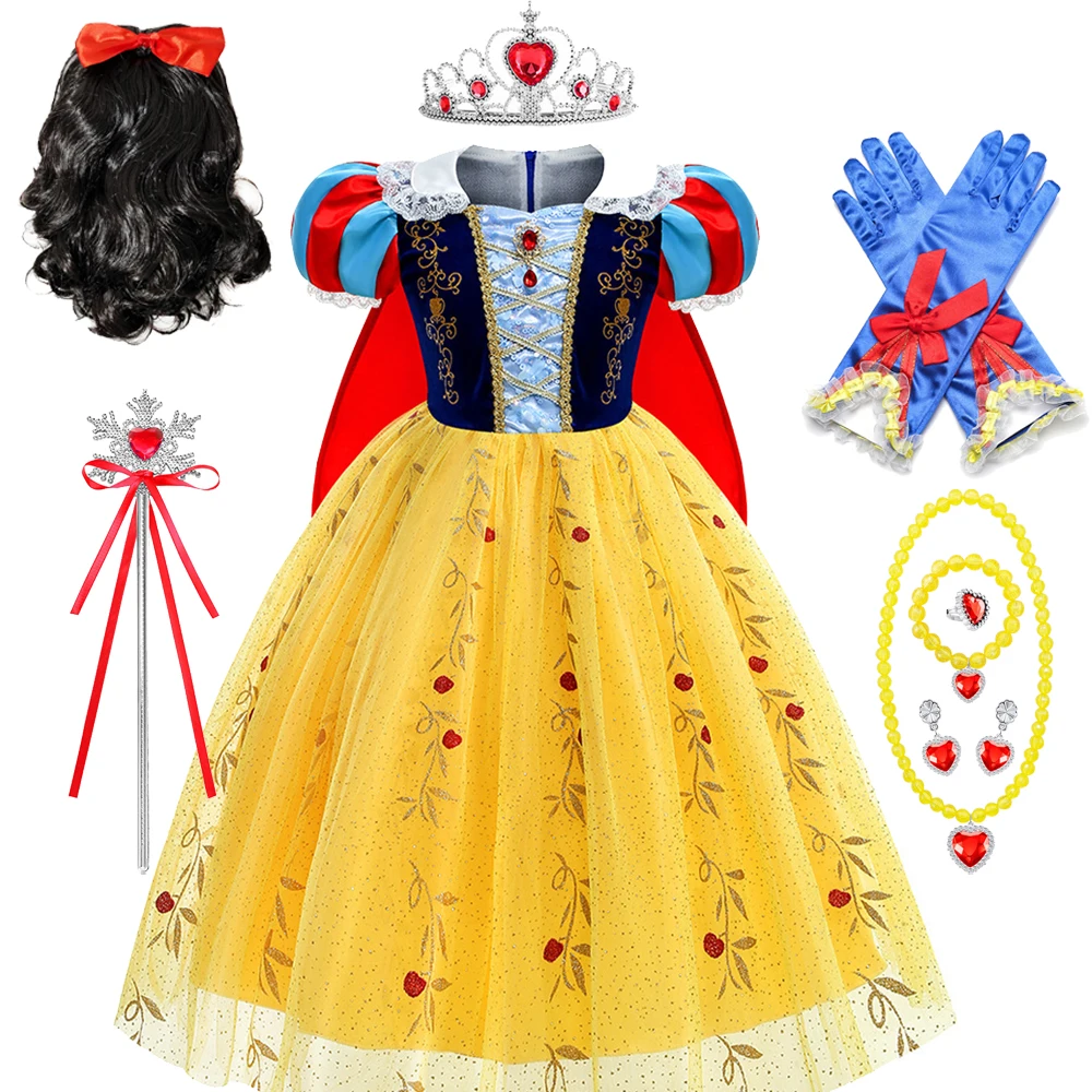 Schneewittchen-Kleid für Mädchen mit schwarzer Perücke und roter Schleife, Kinder-Bühnenkostüm, Halloween-Cosplay-Kostüm, Geschenk – Detail 7
