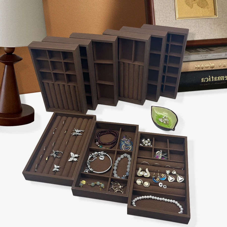 قطعة واحدة، صندوق مجوهرات بنمط خشب الجوز، صينية مجوهرات، مناسبة لتخزين القلائد والخواتم والأقراط وترصيع الأذن #4