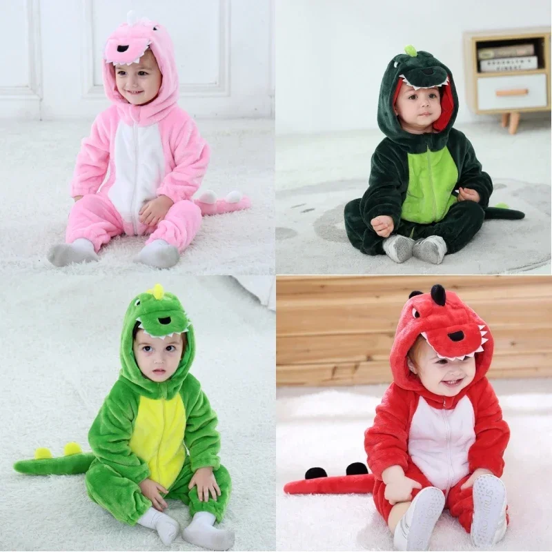 2025 New Kids Dinosaur Costume Flannel Hooded Onesies Toddler Infant Pajamas Animal Romper Outfits Jumpusit Cosplay Party X156
