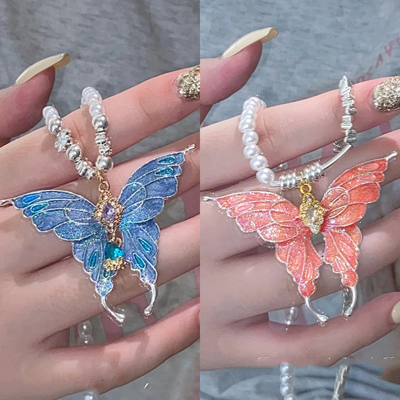 قلادة فراشة كبيرة للنساء ، قلادة زرقاء ووردية ، أزياء كورية ، سلسلة مطرزة باللؤلؤ ، ياقة فاخرة ، Y2K ، خرافية