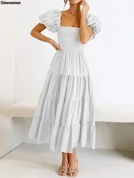 Womens Puffy Short Sleeve Square Neck Smocked Tiered Maxi Dress Summer Boho Beach Flowy A Line Long Wedding Guest Party Dress