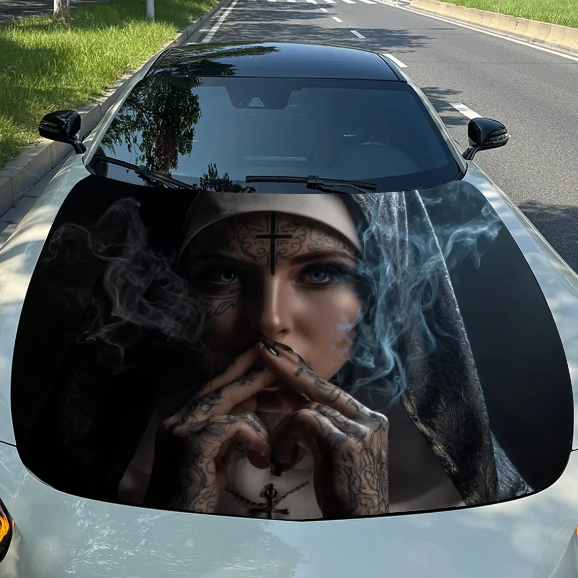 

Виниловые обертывания The Nun In The Smoke, наклейки на капот автомобиля, наклейки для украшения капота автомобиля, виниловые наклейки для автомобилей, внедорожников и футболов