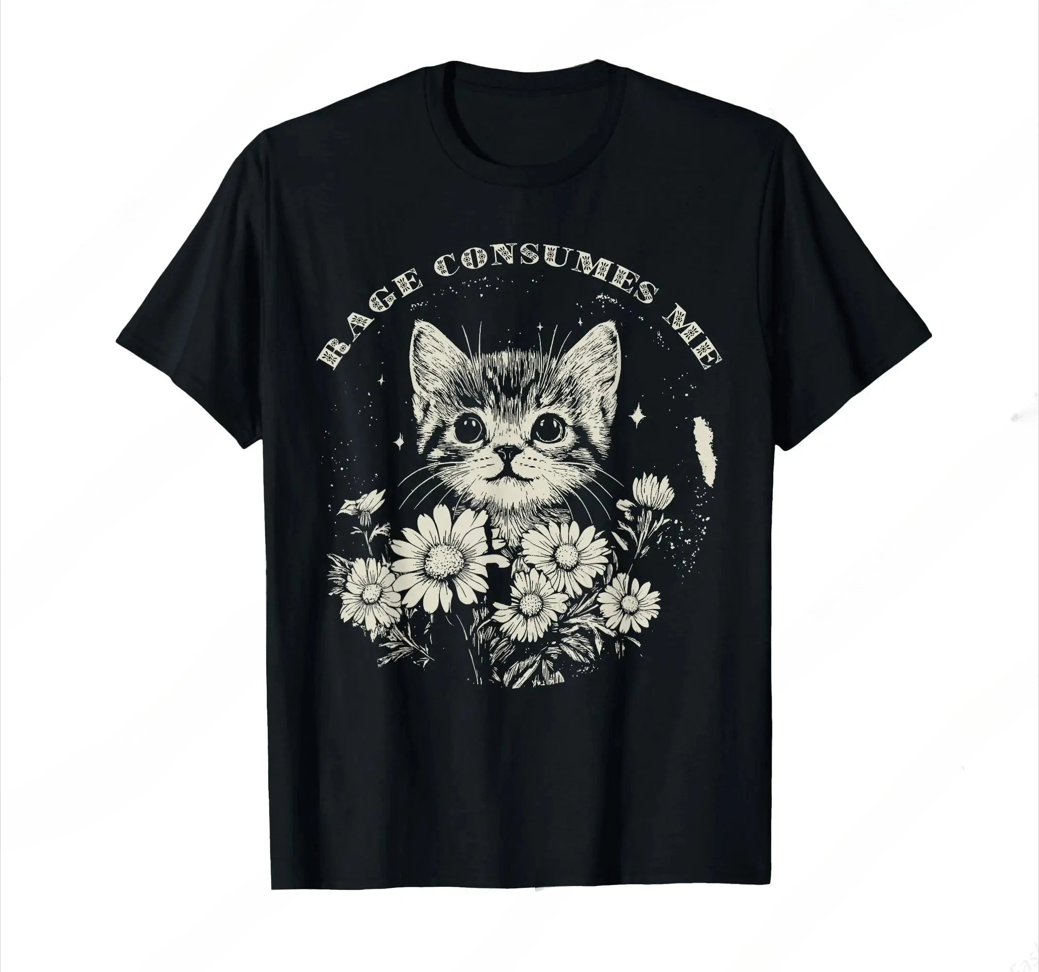 Süßes Katzen-T-Shirt, „Rage Calls Me“, lustiges sarkastisches Kätzchen mit Blumenmuster, Damenbekleidung, modische Grafik-T-Shirts, Sommer-Streetwear, Y2K-Top