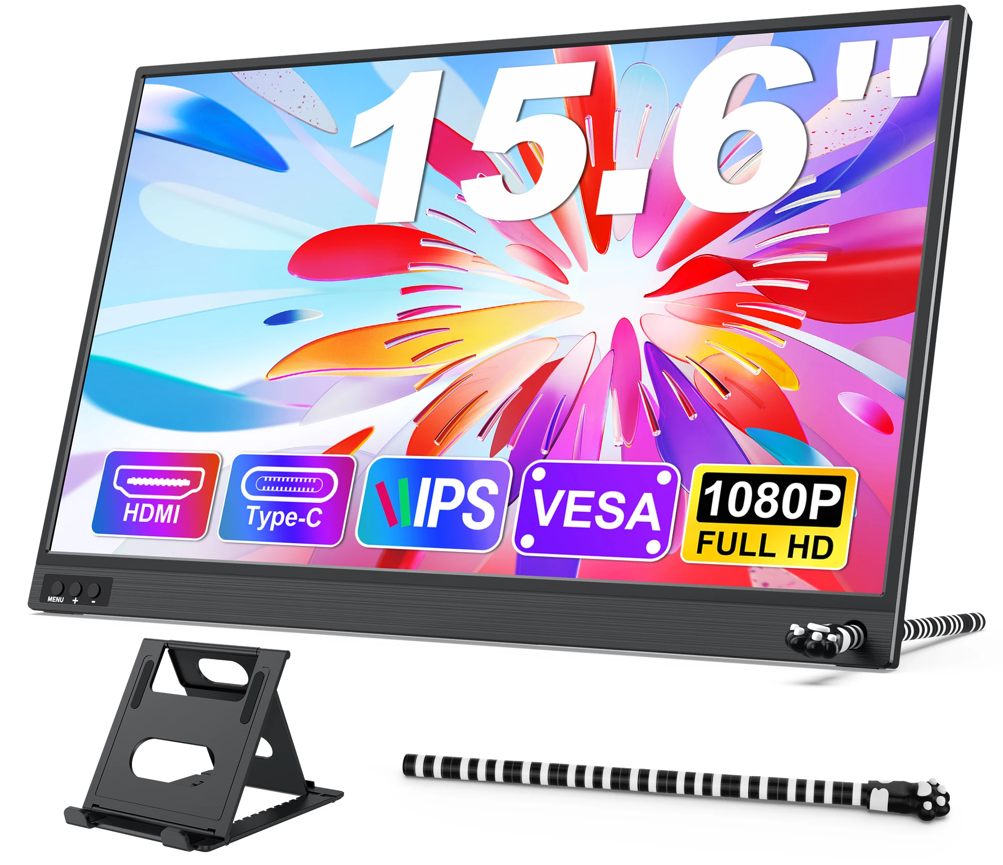 Amoudo 15.6 Inch Portable Monitor 1920x1080P Extend Display IPS LCD Panel Penhole Stand VESA USBC Mini HDMI Mobile Display