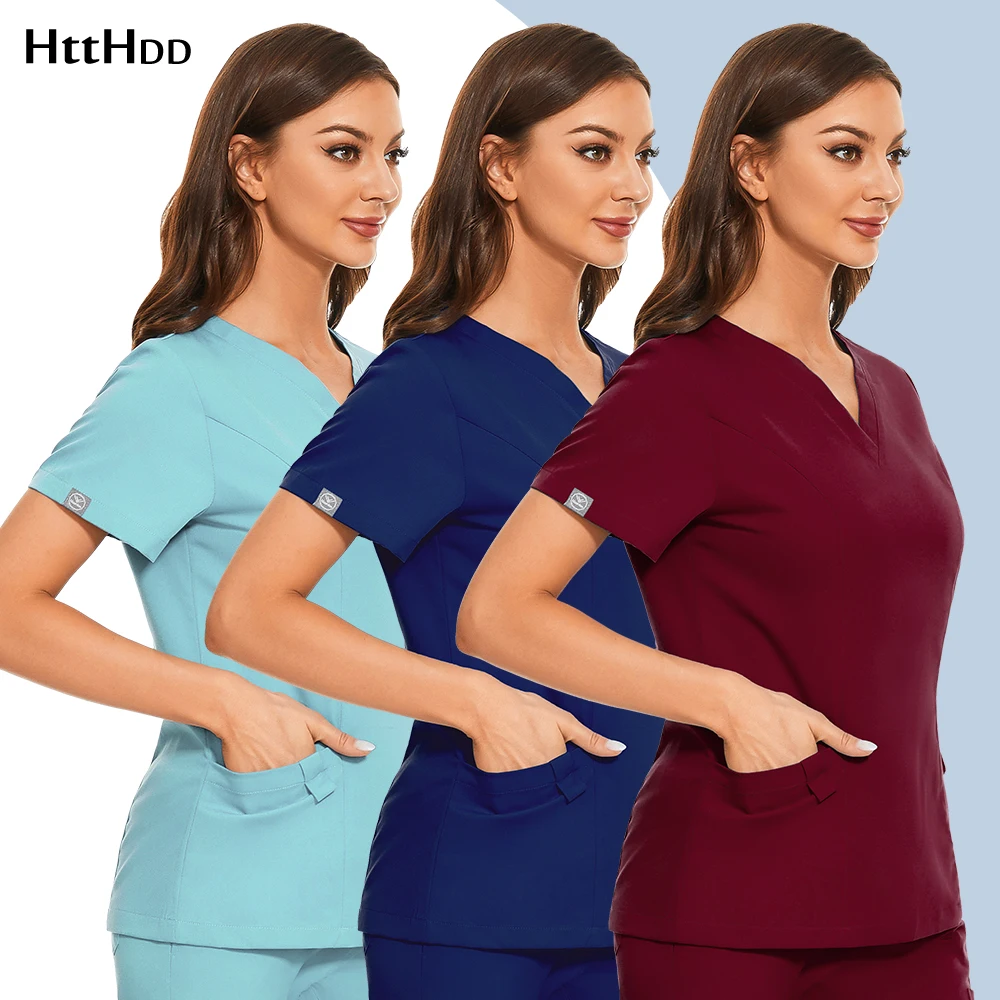 Scrubs Tops Voor Vrouwen Schoonheidssalon Uniform Elastische Scrub Kleding Verpleegster Accessoires Multicolor Korte Mouw Tops Pet Arts Scrub