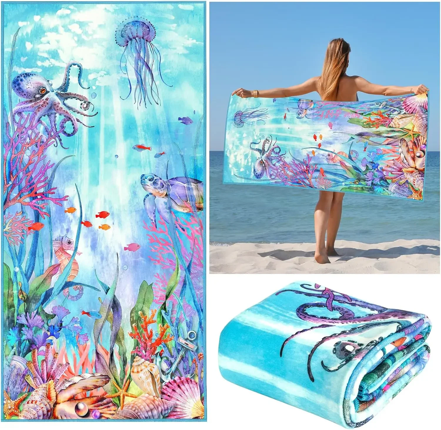 Blue Ocean Beach Towel, Seaworld Marine Life Cotton Blend Quick Dry Absorbent Bath Towel for Kids Men Women and Travel