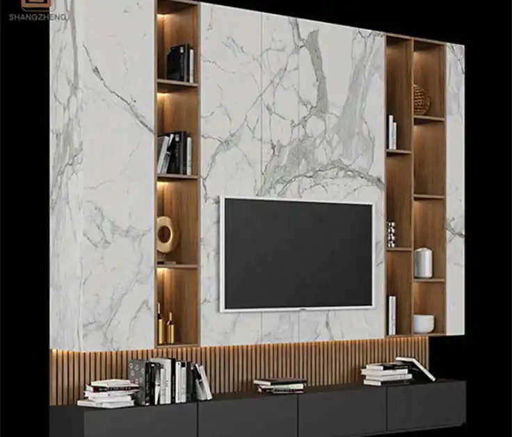Simple black and white marble textured TV backdrop with open display stands and lockers