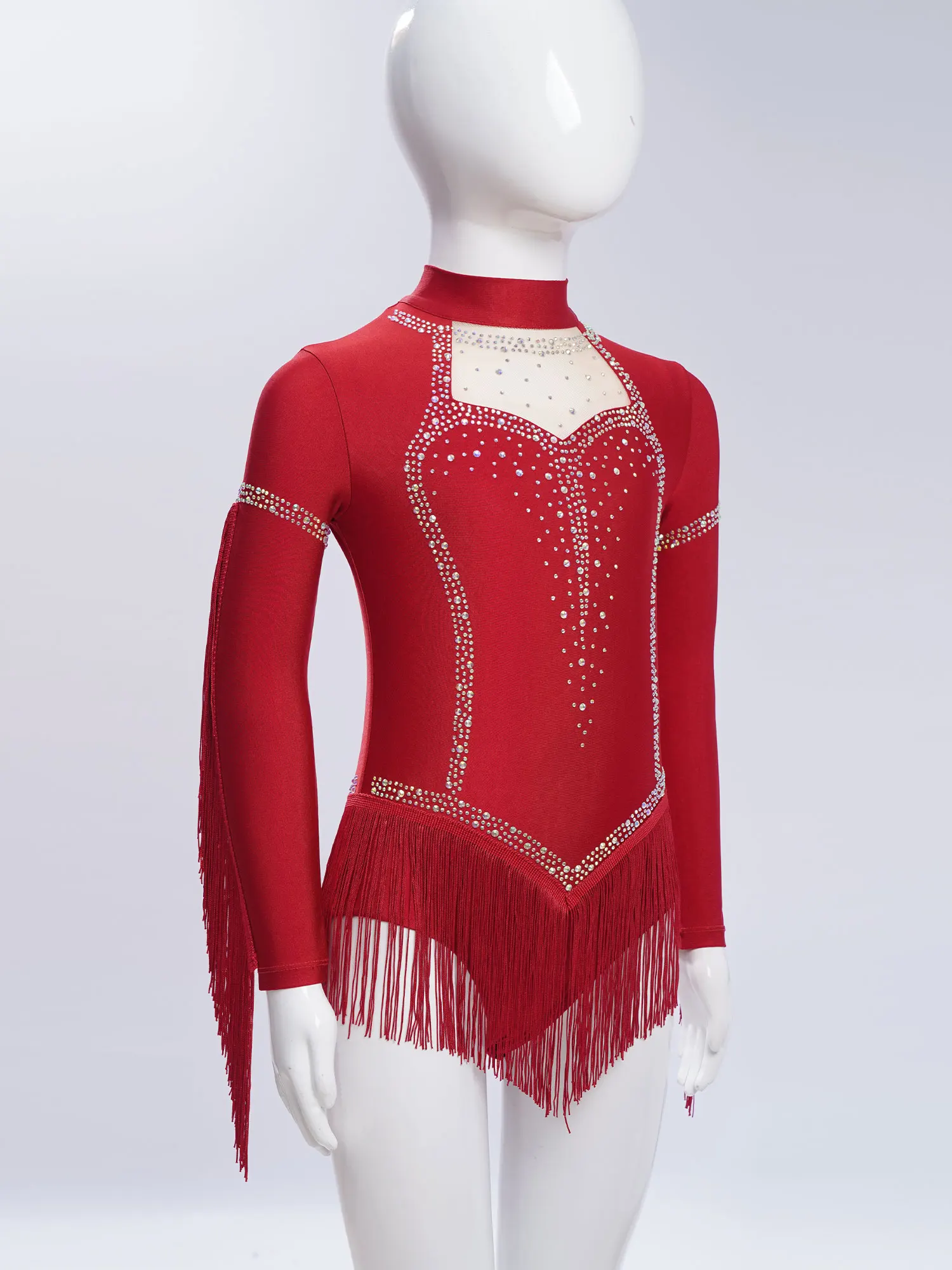 الفتيات اللاتينية ملابس رقص الجمباز فستان طويل الأكمام الراين شرابات تشا تشا تانجو Dancewear الجمباز التزلج أزياء مسرحية