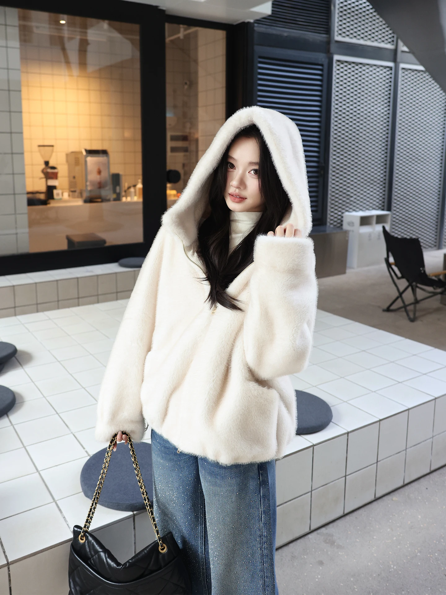 

MeHomeYang Осенне-зимнее пальто из искусственного меха с капюшоном, универсальное, теплое, модное, молодежное, из полиэфирного волокна, с длинными рукавами, миди-длина