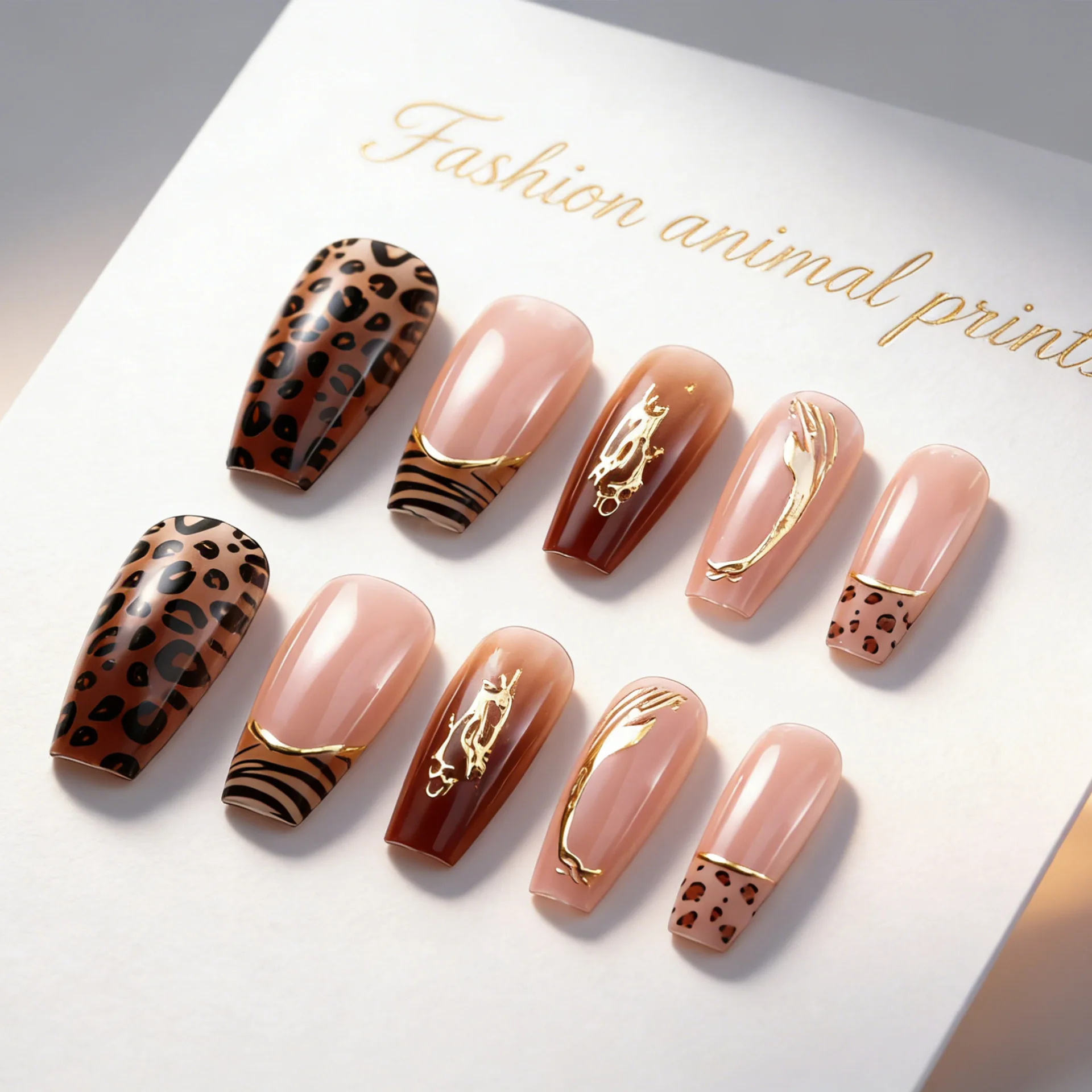 

24PCS Square Fake Nails with French Leopard Print Gilt Design False Nails European American Spicy Girl Removable Press on Nails