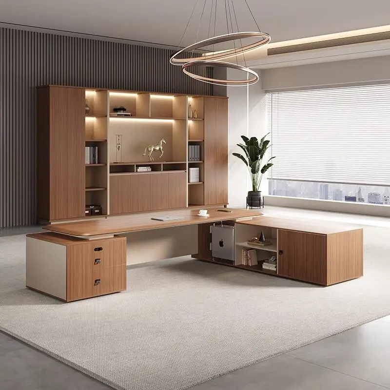 Luxury Wood L Shaped Executive Desk Boss Large Manager Office Workstation With Side Cabinet Modern Commercial Office Furniture