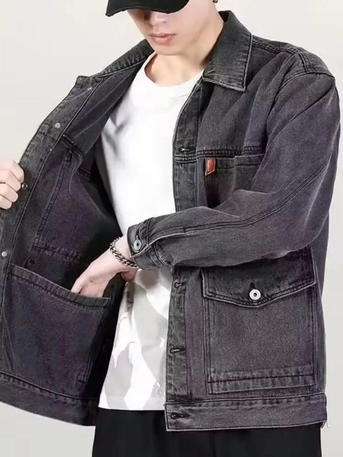 

Свободная повседневная джинсовая куртка большого размера для мужчин, молодежное простое пальто с длинным светом и откидным воротником, весенне-осенняя одежда, повседневная одежда