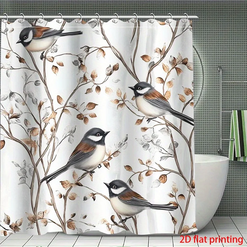 4pcs 2D flat printing Hower Curtain Shower Curtain Set Four birds perched on autumn branches for Women, Valentine s Day
