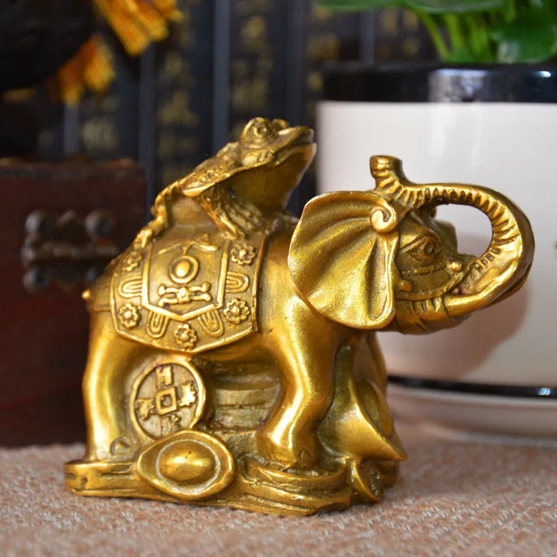 

Brass Wealth and Prosperity Elephant with Golden Toad Ornament Toad on the Elephant Home Brass Decorations