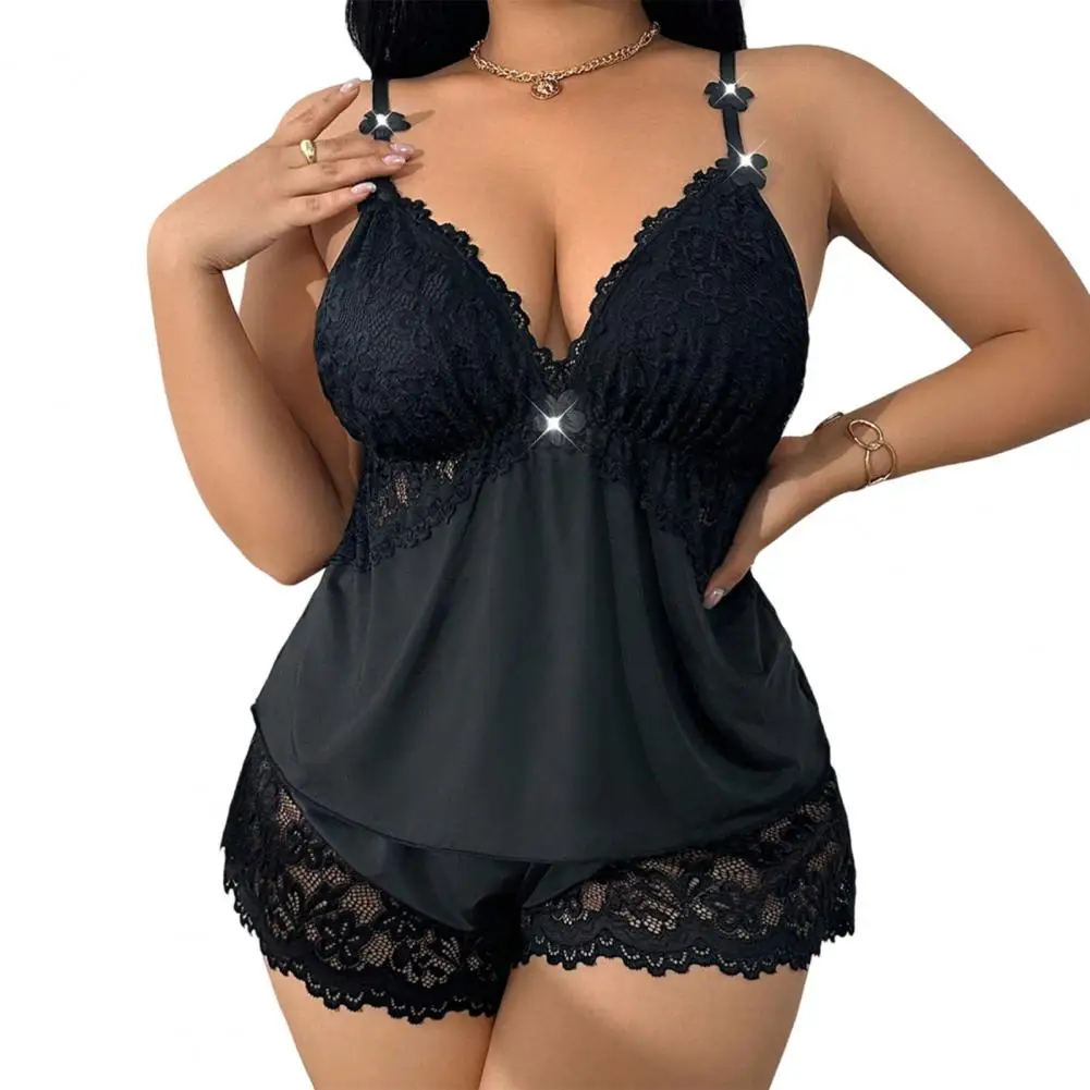 Women Pajama Set Women Plus Size Pajamas Set Lace Trim Cami Top Shorts Nightwear Two-piece Lounge Sleepwear Set Comfortable