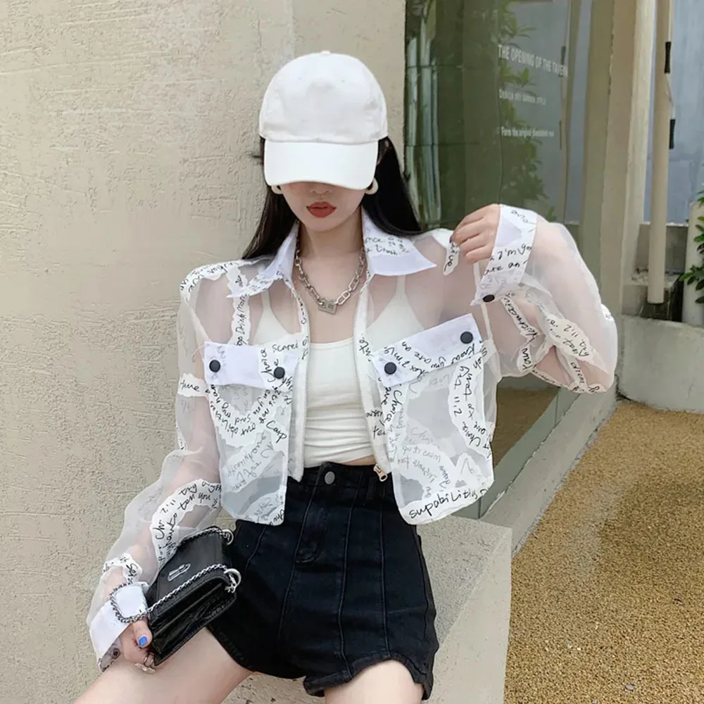 Summer Clothes New Arrivals Long Sleeve Turn Down Collar Letters Print Jackets For Women Fashion Transparent Sunscreen Thin Coat