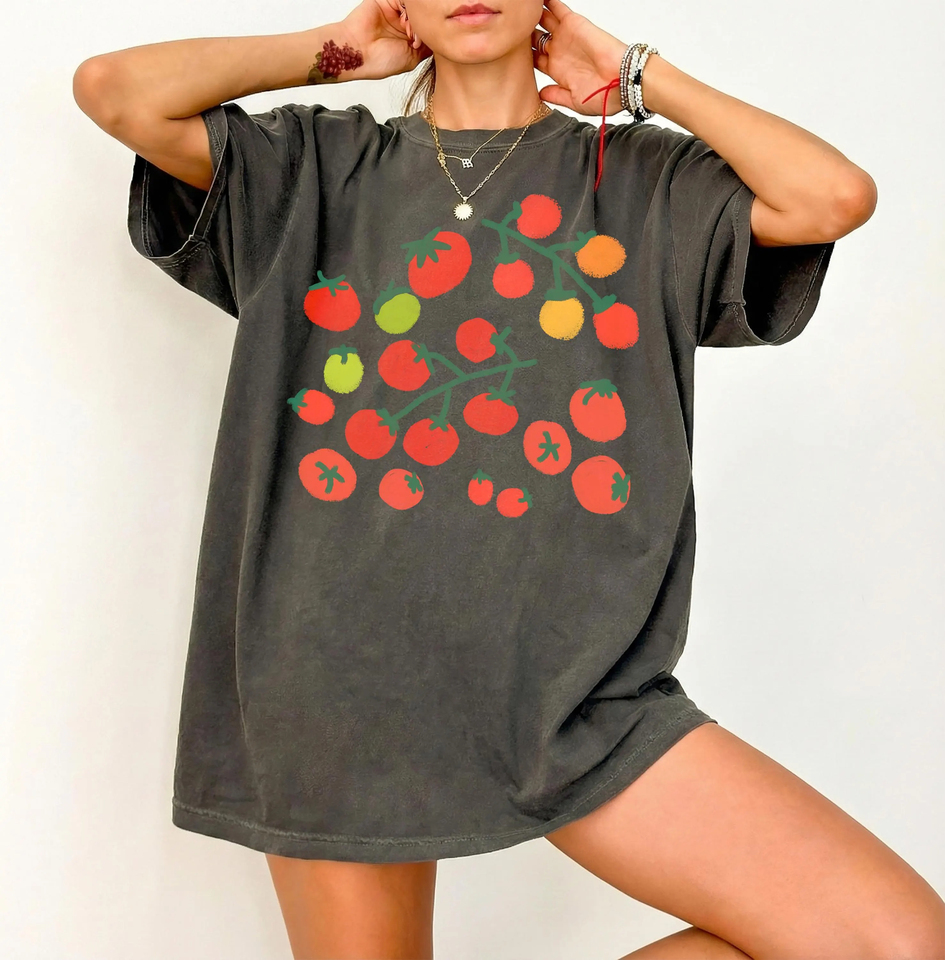  Plus Size Summer Women's Vintage Tomato Graphic  T-Shirt Cotton Breathable Stylish Versatile Street Style Oversized 