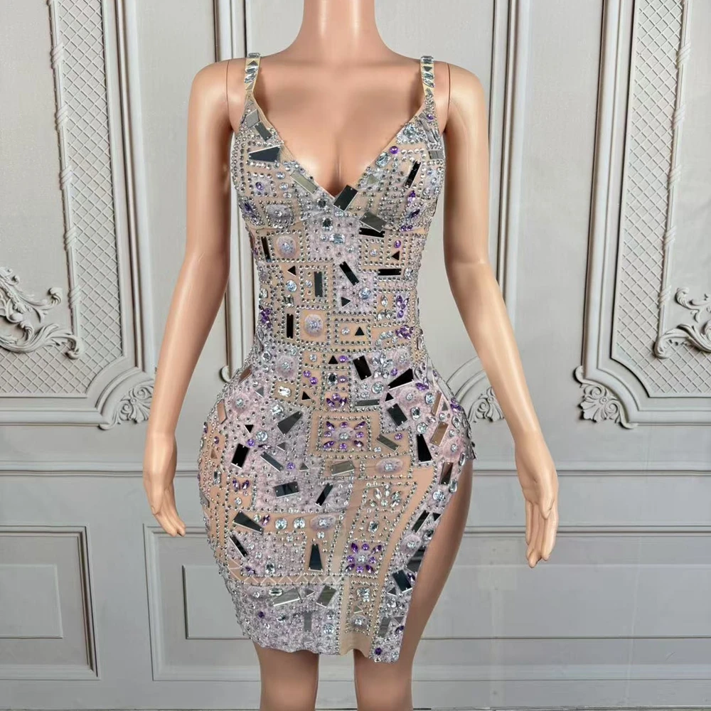 

Sparkly Rhinestones Mirrors Slip Short Dress Women Sexy V Neck Evening Prom Birthday Dress Performance Dance Costume Stage Wear